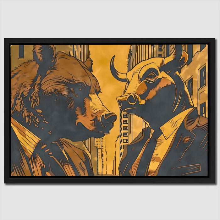 Market Rivalry - Bull Wall Art in Black Frame