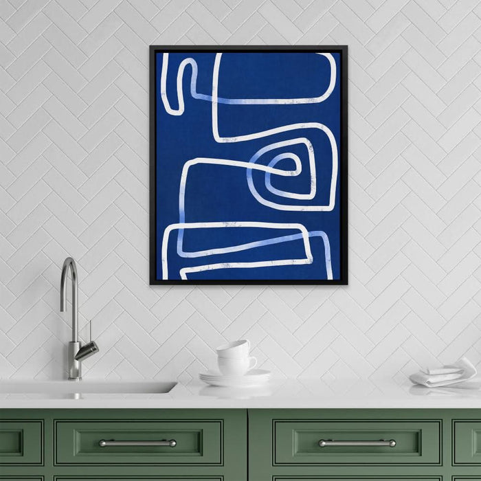Maze Lines - Navy Blue Wall Art in Black Frame