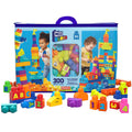 The MEGA Bloks Even Bigger Building Bag by Mega Bloks includes 300 colorful letter and number blocks for ages 1+, packed in a reusable blue zippered bag. Packaging shows two kids building and developing motor skills.
