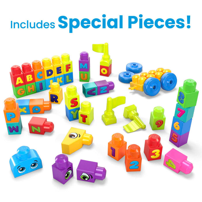 Colorful Mega Bloks from the MEGA Bloks Even Bigger Building Bag, featuring plastic building blocks and wheels with letters, numbers, eyes, and flags, are arranged on a white background. The text above reads “Includes Special Pieces!” in blue.