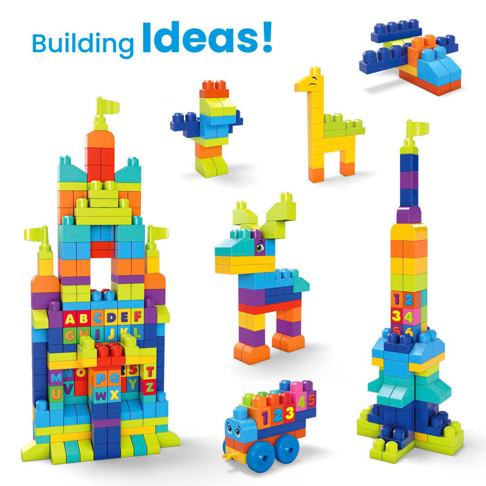 The MEGA Bloks Even Bigger Building Bag by Mega Bloks features colorful plastic blocks that assemble into animals, towers, a car, and a rocket. "Building Ideas!" tops the set. Some blocks show letters or numbers to boost fine motor skills and learning.