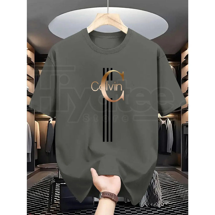 Men's Casual Calvin Print T-Shirt – Black & Gold Striped Street Style Essential