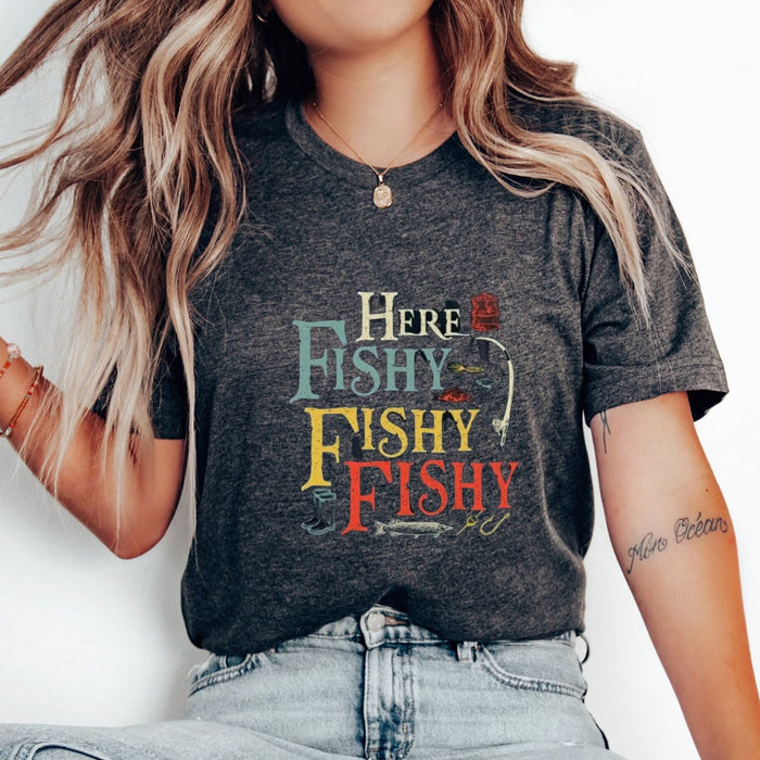 Men's "Here Fishy Fishy" T-Shirt – 100% Cotton Quick-Dry Fishing Graphic Tee 180gsm