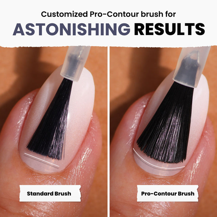 Comparing Midnight Kiss application: a standard brush vs. LONDONTOWN's pro-contour brush. Both show black polish on nails, but the pro-contour offers more precise coverage.