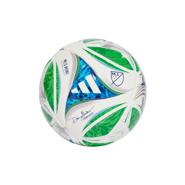 adidas MLS 25 Mini Soccer Ball | White-Green-Glow Blue-Solar Blue
