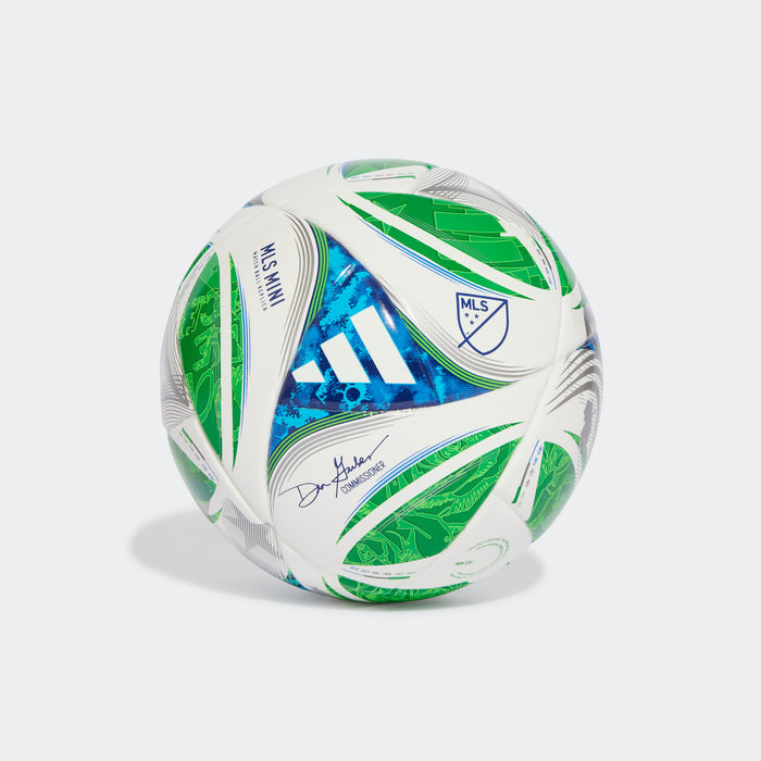 adidas MLS 25 Mini Soccer Ball | White-Green-Glow Blue-Solar Blue