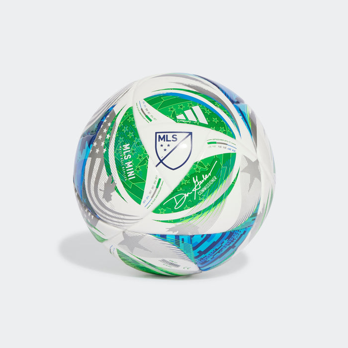 adidas MLS 25 Mini Soccer Ball | White-Green-Glow Blue-Solar Blue