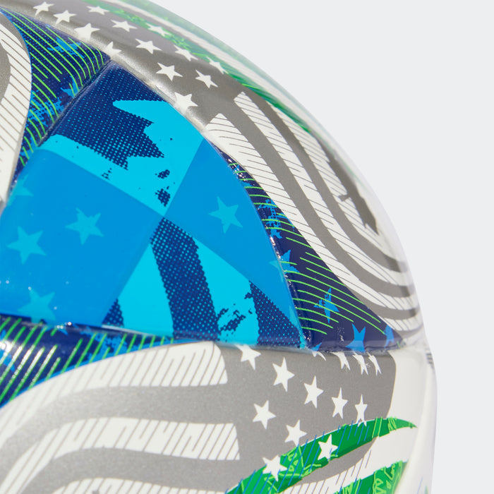 adidas MLS 25 Mini Soccer Ball | White-Green-Glow Blue-Solar Blue