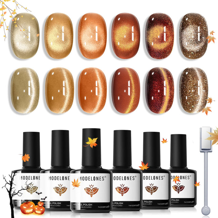 modelones Fall Cat Eye Gel Nail Polish Set Yellow Gold Orange Brown Nude