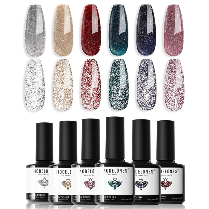modelones Glitter Gel Nail Polish Set, 6 Colors Fall Winter Shimmer Sparkle