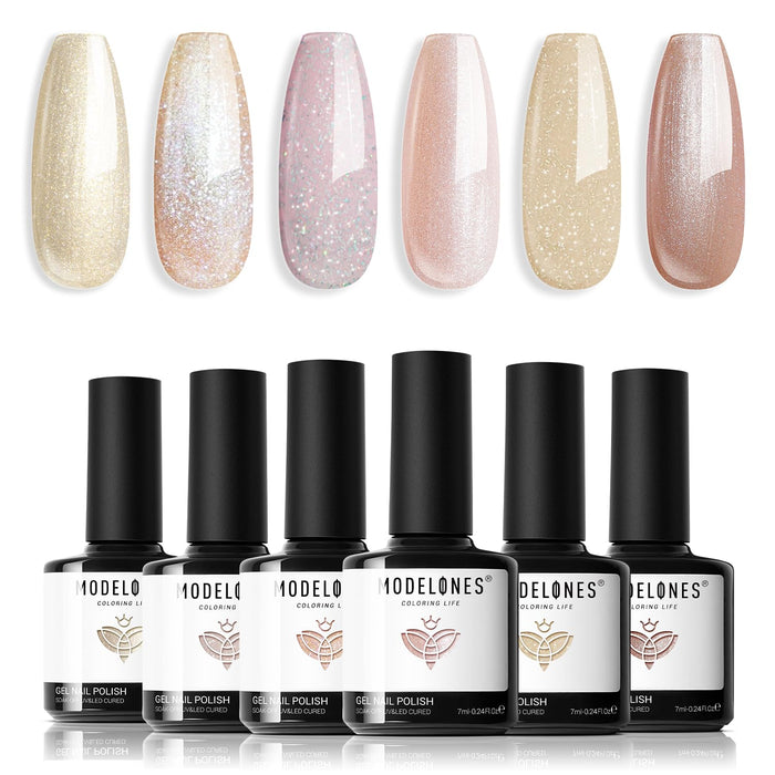 modelones Nude Gel Nail Polish Set 6 Colors, Neutral Skin Tone Pink Glitter