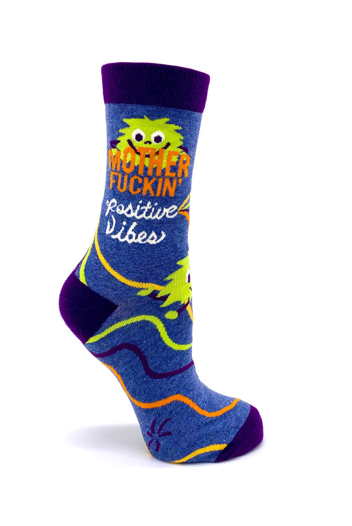 Sassy Womens Crew Socks Mother Fuckin' Positive Vibe Navy Yellow Orange