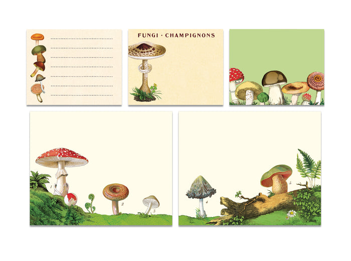 A tin of Cavallini Papers & Co Mushroom Sticky Notes with various mushroom illustrations.