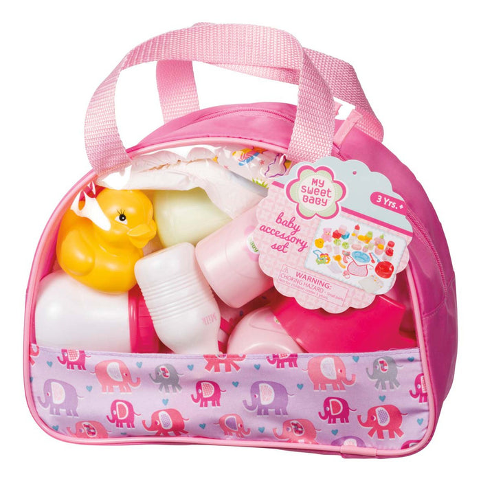 The My Sweet Baby Baby Accessory Kit by My Sweet Baby includes a pink handled toy bag with a pink and purple elephant pattern, filled with baby care items like a yellow rubber duck, bottles, and containers—ideal for nurturing role-play.