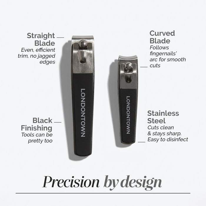 The LONDONTOWN Nail Clipper Duo Set - Black features two stainless steel nail clippers—one with a straight blade and one with a curved blade—displayed on a white background alongside descriptive text highlighting their features. Available in two sizes, these clippers provide precise, clean cuts for your nails every time.