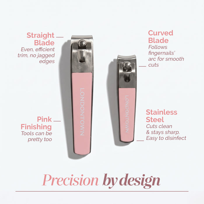 The LONDONTOWN Nail Clipper Duo Set - Pink features two pink-handled stainless steel nail clippers in different sizes—one with a straight blade and one with a curved blade—for a precise, clean cut, highlighted by their chic pink finish.