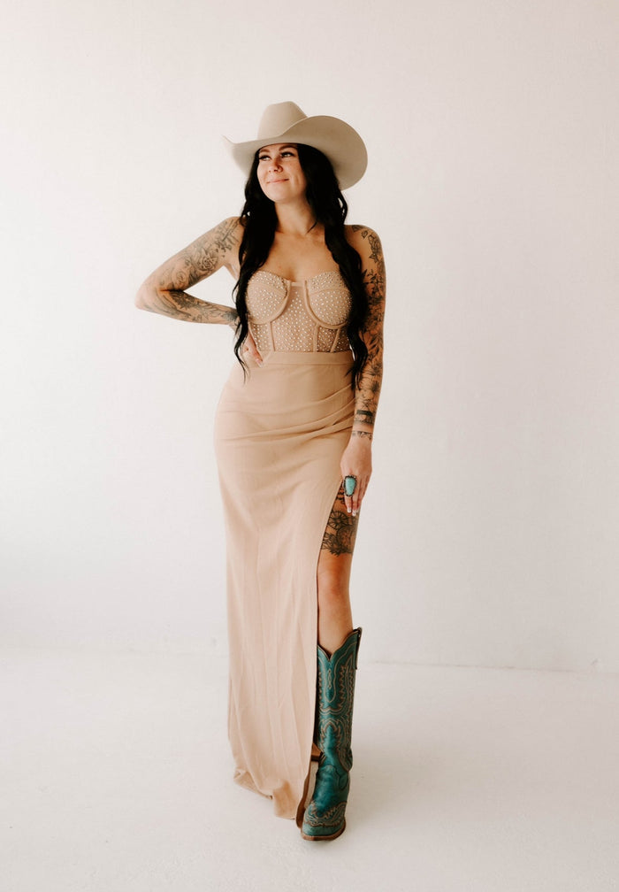 Natalia's Nude Rhinestone Slit Dress