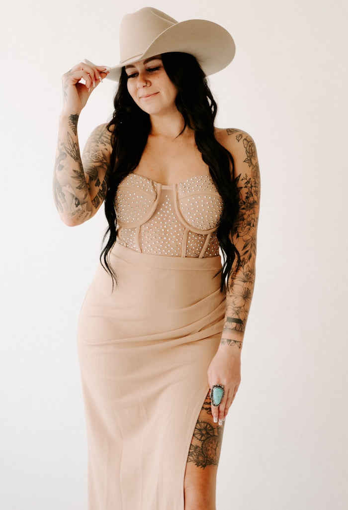 Natalia's Nude Rhinestone Slit Dress