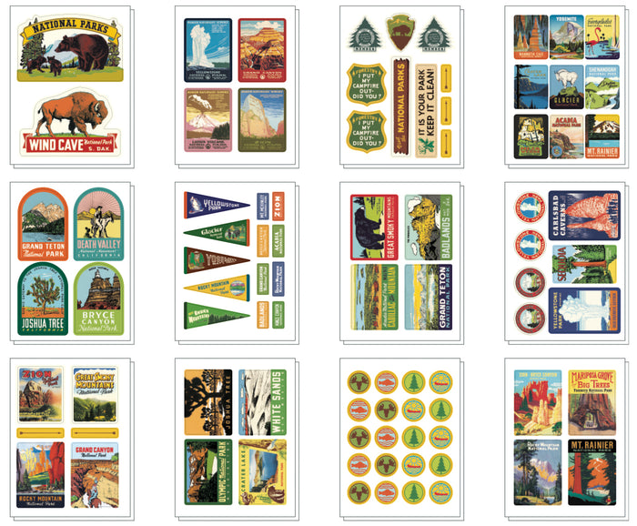 National Parks 5.25" x 4.75" tin containing a curated collection of vintage-inspired stickers featuring images from the Cavallini archives.