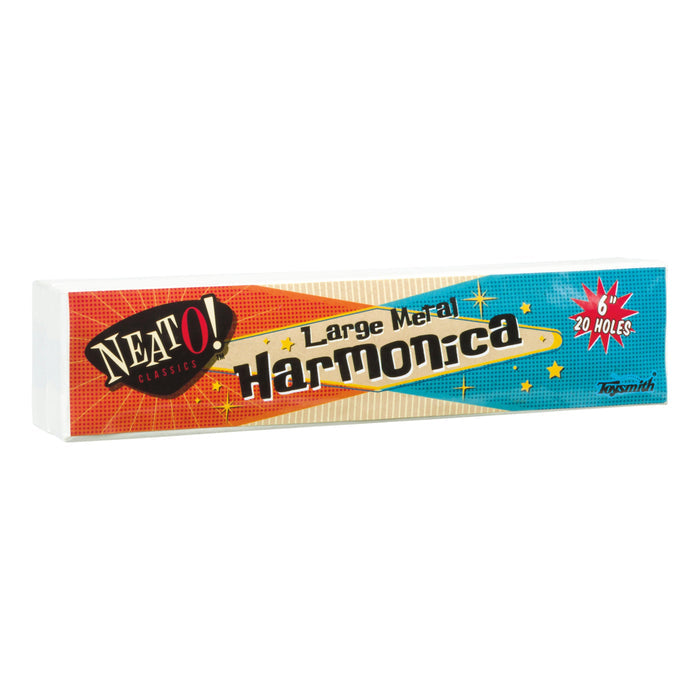 The Neato! Large Metal Harmonica is a rectangular metal harmonica featuring a vibrant vintage-style red, orange, and blue design with 20 holes for rich tones—a fun Neato! product perfect for musical exploration.