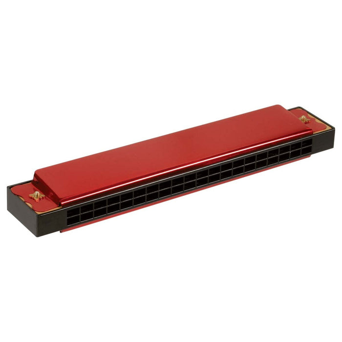 The Neato! Large Metal Harmonica by Neato! is a red and black metal harmonica with multiple holes, shown angled on a white background—ideal for musical exploration and creating rich, buzzy tones.