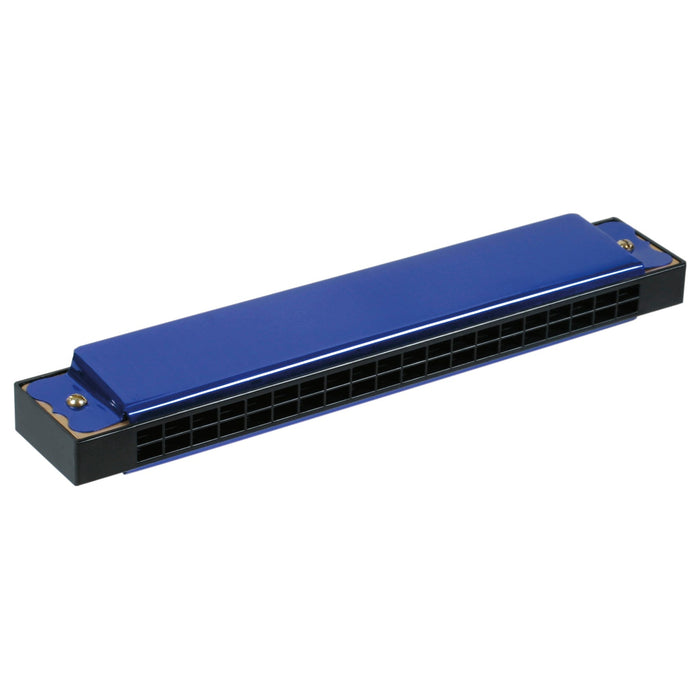 The Neato! Large Metal Harmonica by Neato! features black ends and multiple rectangular holes, ideal for music exploration and creating rich, buzzy tones. Shown on a white background.