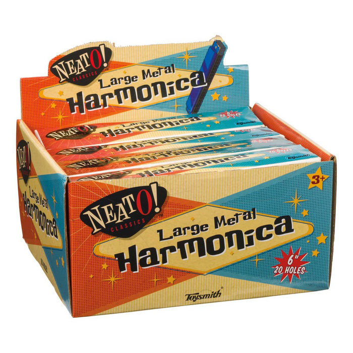 The Neato! Large Metal Harmonica comes in a vibrant box with retro red, yellow, and blue graphics and the Neato! brand name, holding several harmonicas ideal for music exploration.