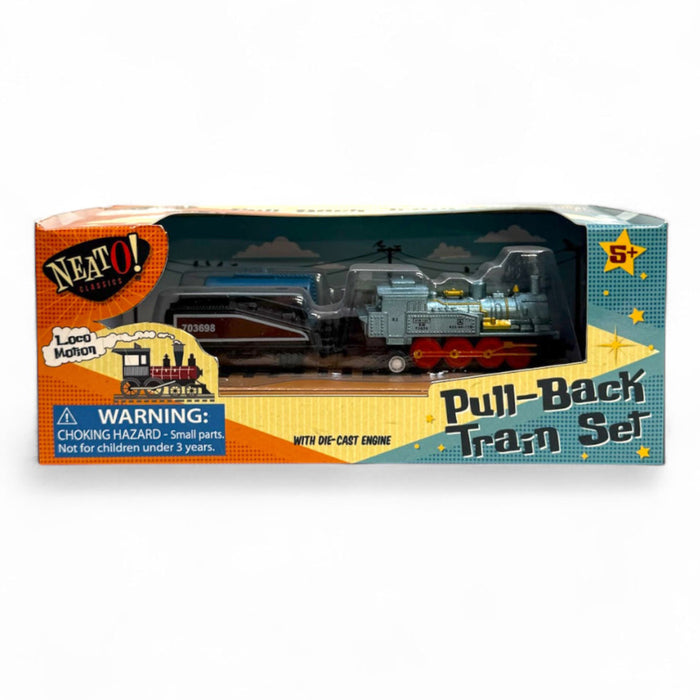 The Neato! Locomotion Pull-Back Train Set by Neato! features a die-cast locomotive and coal car with realistic pullback motion. Boxed set includes small parts; recommended for ages 5+.