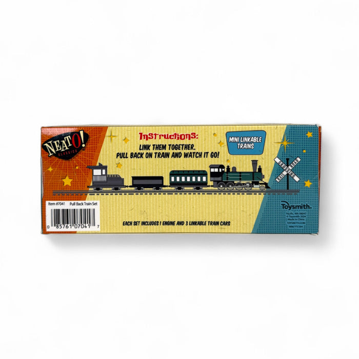 Neato! Locomotion Pull-Back Train Set by Neato! comes in a rectangular, colorful box with a cartoon train and railroad crossing sign. Includes 1 engine & 4 linkable cars. Instructions: Link together, pull back the die-cast train, and watch it go!.
