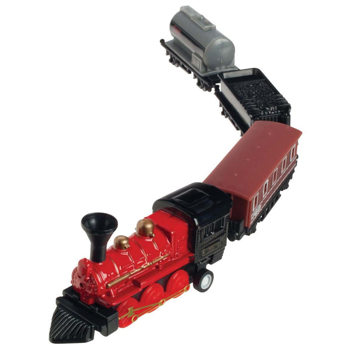 The Neato! Locomotion Pull-Back Train Set by Neato! features a die-cast red and black locomotive, brown passenger car, cargo car, and gray tanker on curved black tracks—ideal for fans of realistic miniature trains.