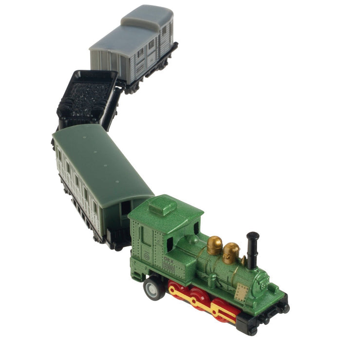 The Neato! Locomotion Pull-Back Train Set by Neato! features a green die-cast metal engine with black, gray, and green attached cars curving left on a white background—ideal for miniature train toy fans.