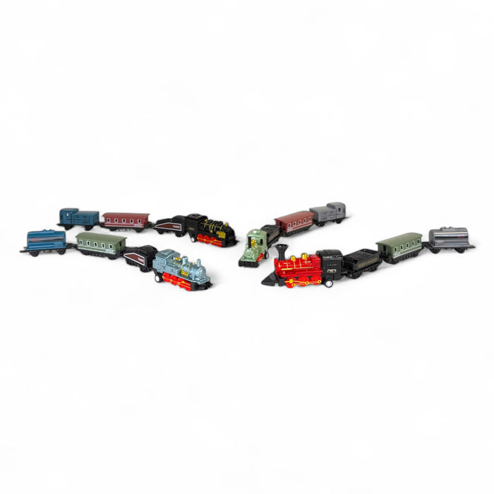The Neato! Locomotion Pull-Back Train Set by Neato! features colorful die-cast metal trains, including black, red, green, and blue engines with attached cars, perfect for adding charm to any train set collection.