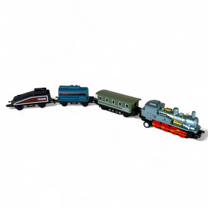 The Neato! Locomotion Pull-Back Train Set by Neato! features four die-cast cars—a silver and blue locomotive, a green passenger car, a blue tanker, and a black engine—perfect for display or imaginative pullback play against a white background.