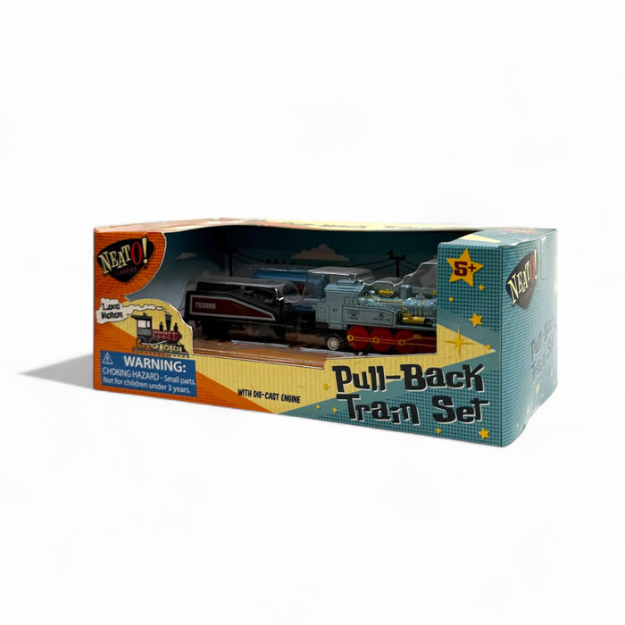 The Neato! Locomotion Pull-Back Train Set by Neato! is a boxed die-cast metal train set for ages 5+, featuring pullback-action miniature trains, safety warnings, and vibrant graphics on blue packaging.