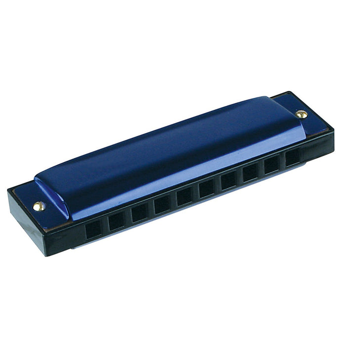 The Neato! Metal Harmonica by Neato! is a blue and black metal instrument with a shiny top cover and ten holes, shown on a white background—ideal for exploring music and enjoying this classic instrument.