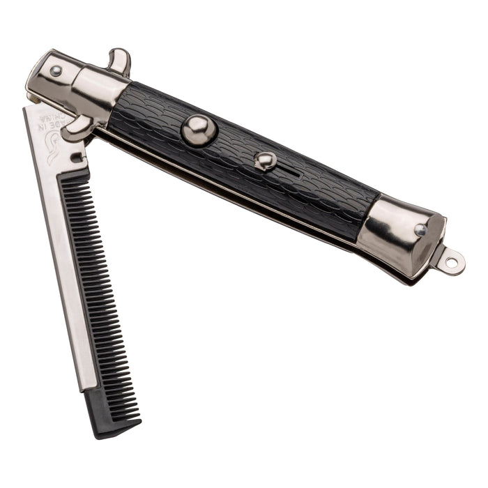 Add a fun touch to your routine with the Neato! Switchblade Comb—a novelty grooming tool by Neato! featuring a black textured handle, metallic accents, and a flip-open comb design to reveal the teeth.