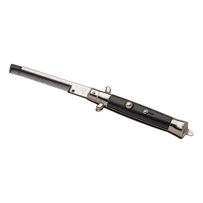 The Neato! Switchblade Comb by Neato! is a novelty grooming tool featuring a black handle, metallic accents, and a blade that flips out like a switchblade knife.
