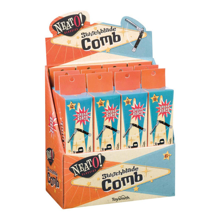 The Neato! Switchblade Comb by Neato! comes in a display box with colorful, retro-style packages of novelty combs shaped like flip-open switchblades. The packaging notes it's suitable for ages 6 and up.