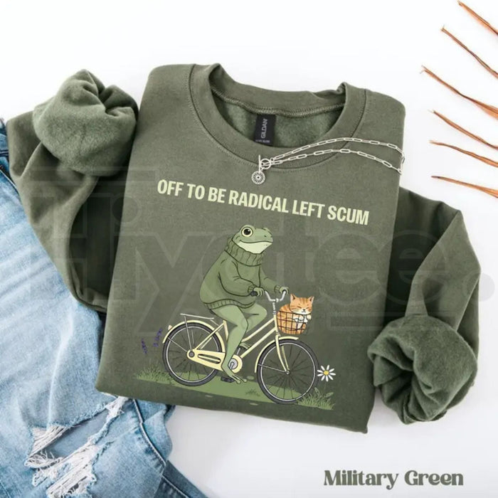 Off To Be Radical Left Scum Sweatshirt: Retro Frog & Cat Bicycle Resistance Crewneck