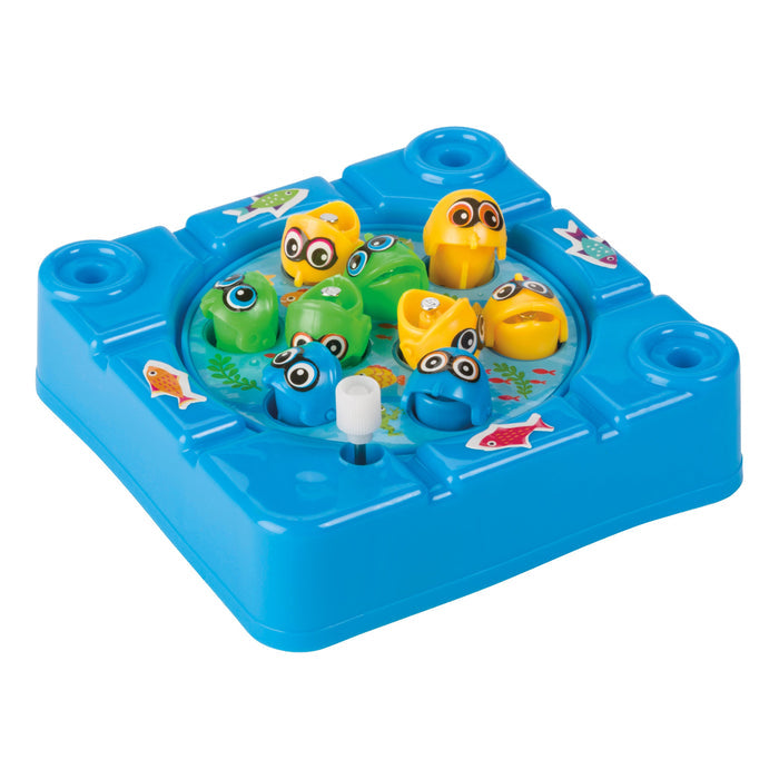 The On the Way Games Gone Fishin' by On the Way Games is a blue plastic travel game featuring rotating yellow, green, and blue cartoon fish with open mouths inside holes and small fish stickers around its edges.