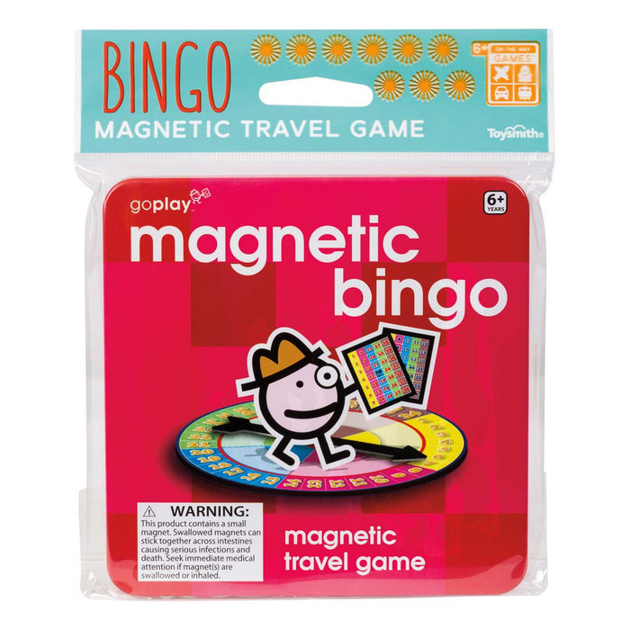 A package of On the Way Games Magnetic Bingo by On the Way Games, featuring a colorful bingo board with cartoon graphics. Labeled for ages 6+, this portable game includes a warning about small magnets.