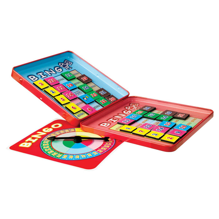 On the Way Games Magnetic Bingo by On the Way Games features numbered tiles, a spinning wheel, and a bingo board in a red tin box. This colorful, travel-ready set is open to display its portable game components.
