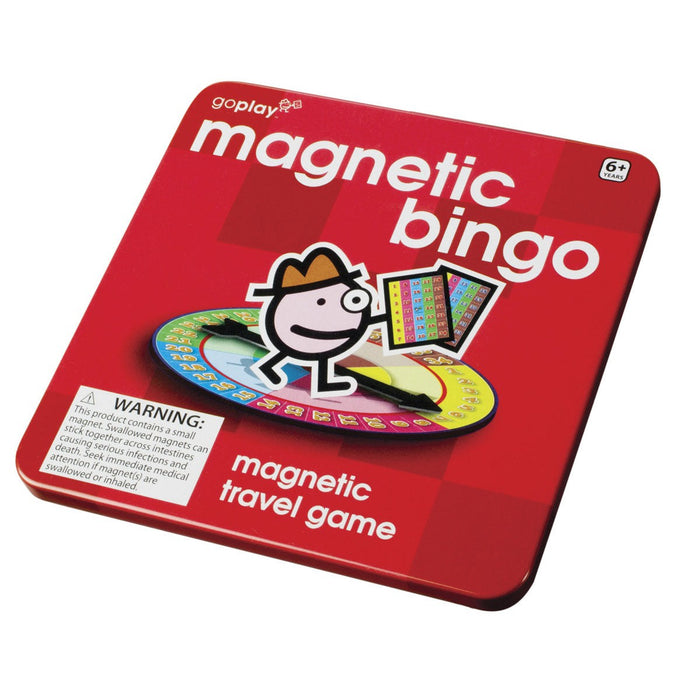 On the Way Games Magnetic Bingo by On the Way Games is a red tin featuring a cartoon character, bingo cards, and "magnetic travel game" text. Portable and travel-ready, it’s suitable for ages 6 and up.