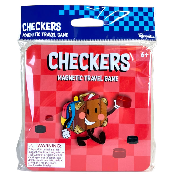 The On the Way Games Magnetic Checkers set features a folding board and a red checkered background with a smiling cartoon checker piece. The package includes a warning label and is branded by On the Way Games.