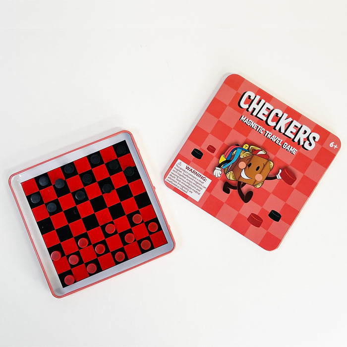The On the Way Games Magnetic Checkers set includes a red and black folding board with pieces, packaged in a red box featuring a cartoon dog and the text “CHECKERS MAGNETIC TRAVEL GAME.”.