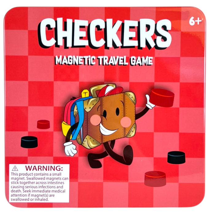 The On the Way Games Magnetic Checkers set features a red checkered tin with a smiling sandwich character holding checker pieces, a folding board, and a small magnets warning from On the Way Games in the bottom left corner.