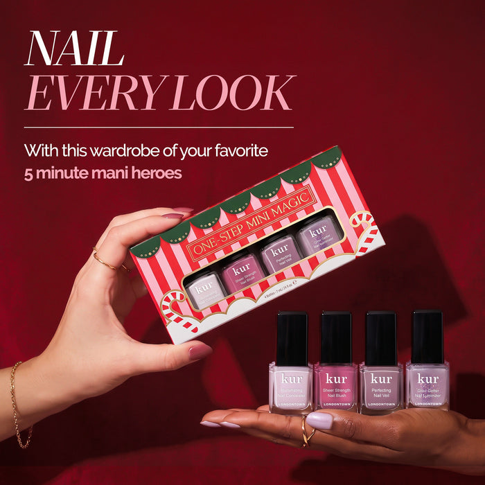 Two hands hold a festive holiday set—a box and four bottles of LONDONTOWN One Step Mini Magic nail polish—against a red background with the text, “NAIL EVERY LOOK” and “5 minute mani heroes.” This collection features everything you need for One-Step Manicures all season long.