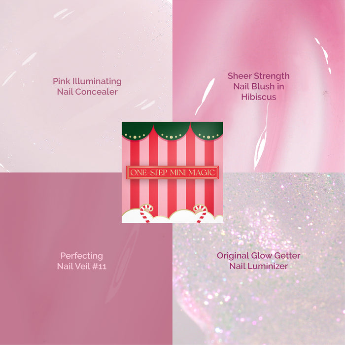 Four swatches of LONDONTOWN One Step Mini Magic in pink shades—perfect for festive one-step manicures or as a beautiful holiday set.