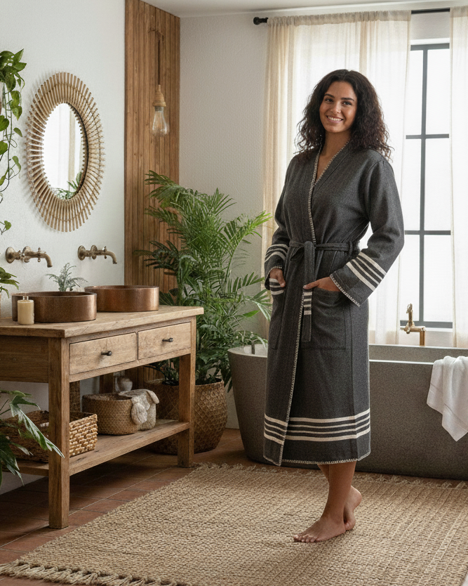 Organic Turkish Cotton Kimono Bathrobe – Lightweight Spa & Home Robe