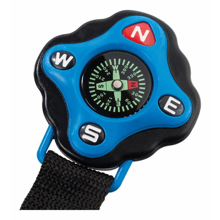 A close-up of the Outdoor Discovery Clip On Compass by Outdoor Discovery, featuring a blue and black design with labeled directions (N, E, S, W), degree markings for navigation, and a durable black fabric strap—ideal for outdoor adventure.